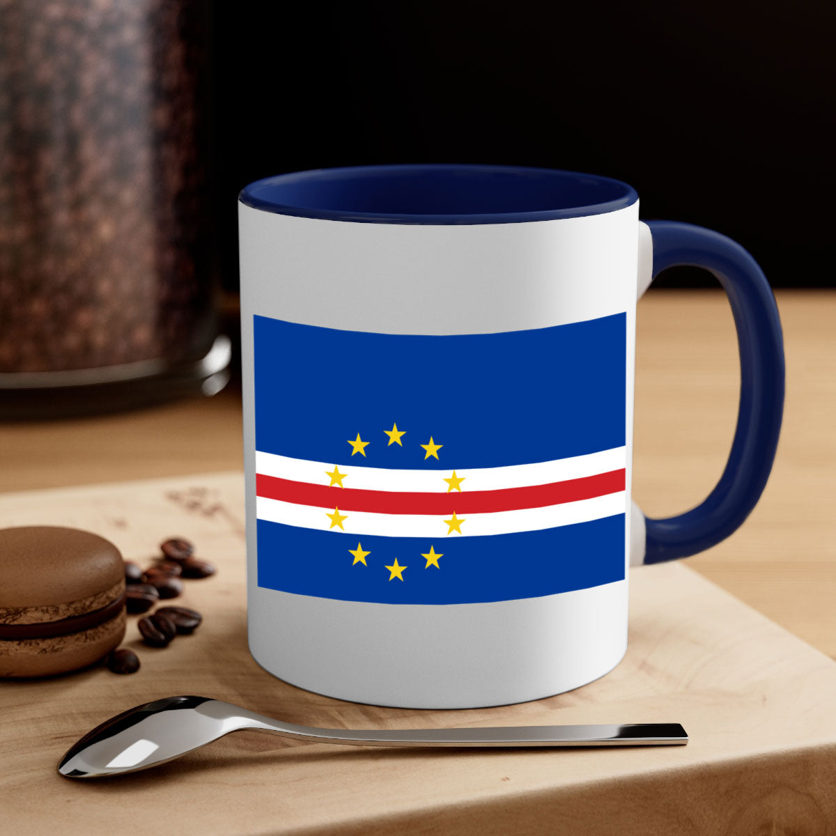 Cabo Verde 169# Mug featuring a glossy finish with a colorful handle and interior, available in multiple sizes.